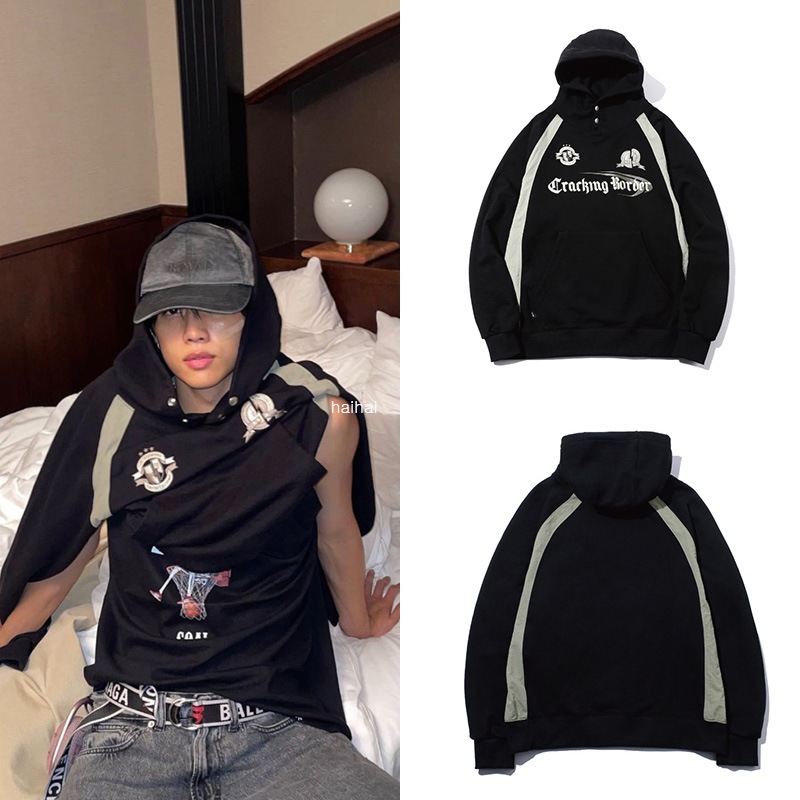 [THE BOYZソヌ着用]Cracking snap leglan hoodie black