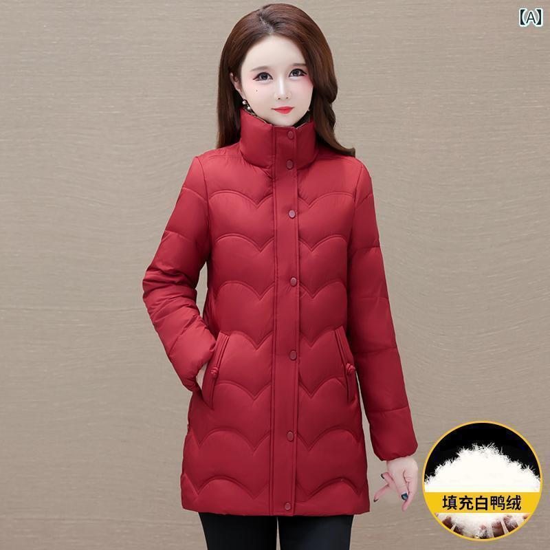 レディース ダウンジャケット 韓国 フレッシュ スタンドカラー ダウン ジャケット 冬 厚手 暖かい ミドル丈 ホワイトダックダウン