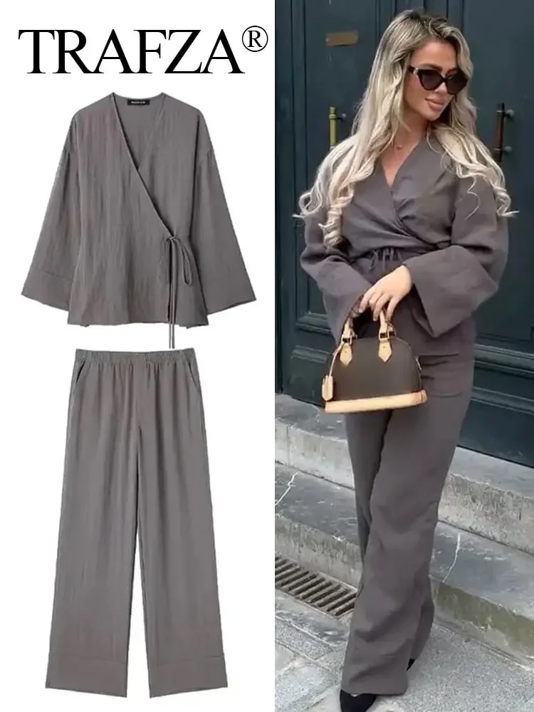 トラフザ-レディースヴィンテージモノクロブラウスパンツスーツ長袖Vネックレースアップシャツ伸縮性ウエストカジュアルパンツパジャマスタイルセット