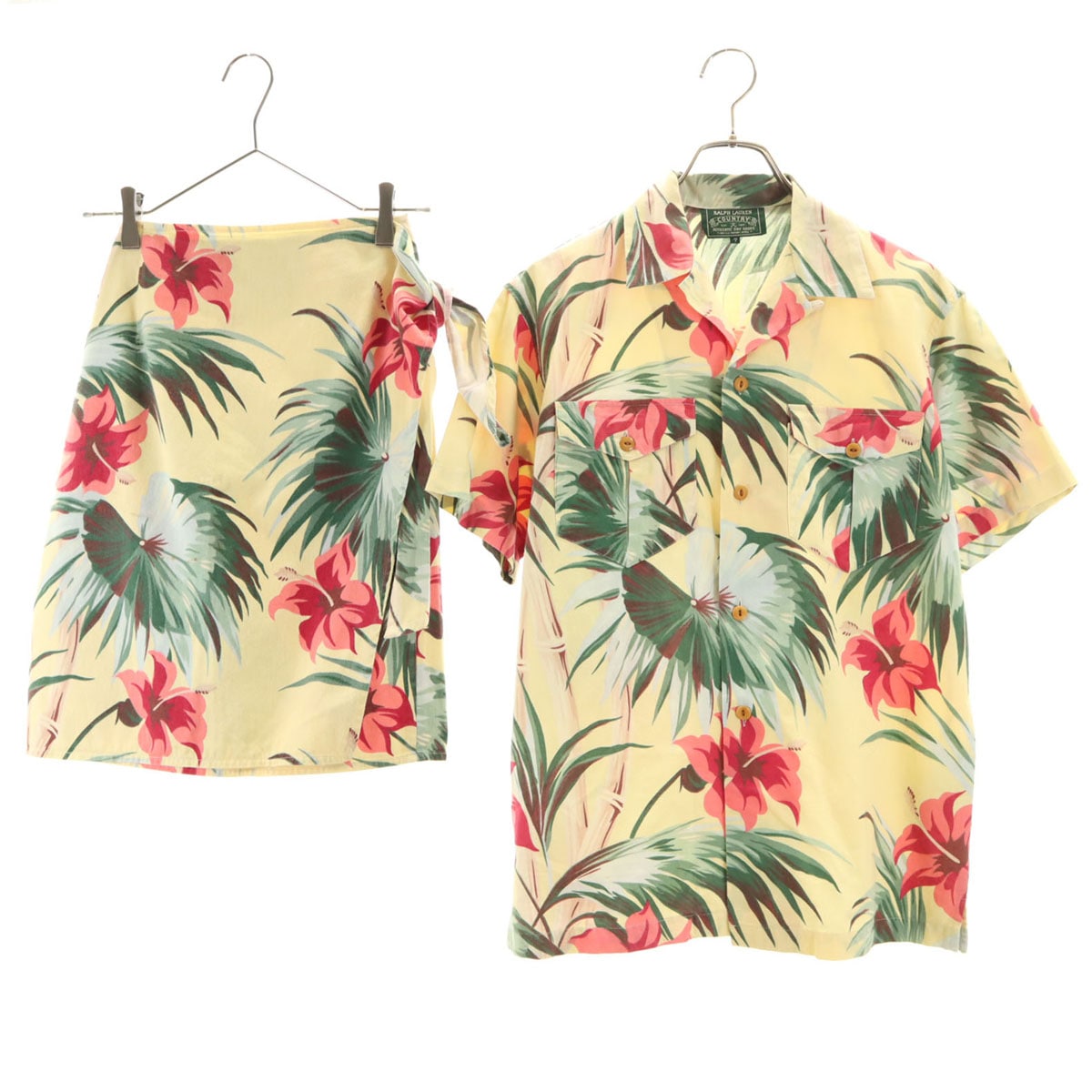 RALPH LAUREN COUNTRY ラルフローレンカントリー 90s オールド ポロカン 半袖 アロハシャツ 上下セットアップ 7/9 ベージュ系 インパクト21 レディース 古着