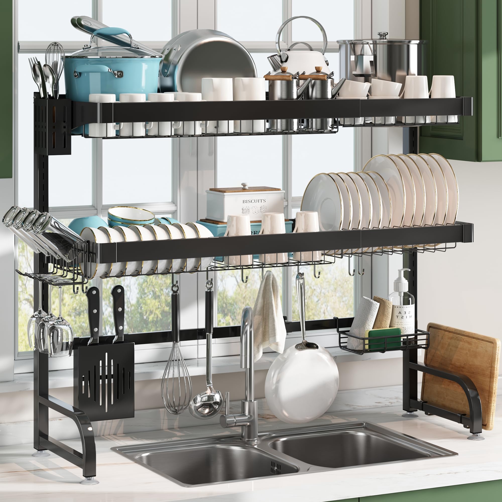 BOOSINY 水切りラック シンク上 ステンレス キッチン 流し台 収納 食器乾燥 ミズキリ シンクジョウ 食器らっく 収納棚 強化型 高い安定性 自動排水 組立簡単 大容量 省スペース ブラック【