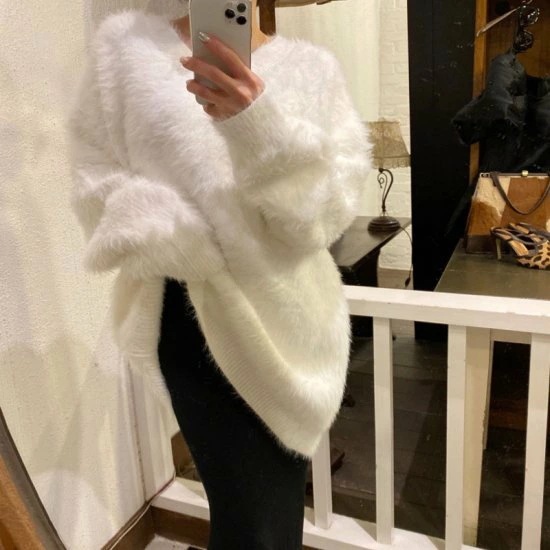 ニット レディース 大きいサイズ セーター レギュラー丈 ミディアム丈 4色 モコモコ 長袖 ラウンドネック 体型カバー 無地 シンプル 通勤 デート 女子会 お出かけ 10代 20代 秋冬