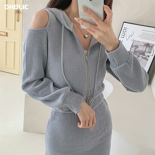 [メガ割りSALE]リブオープンショルダージップパーカー&IラインスカートSET