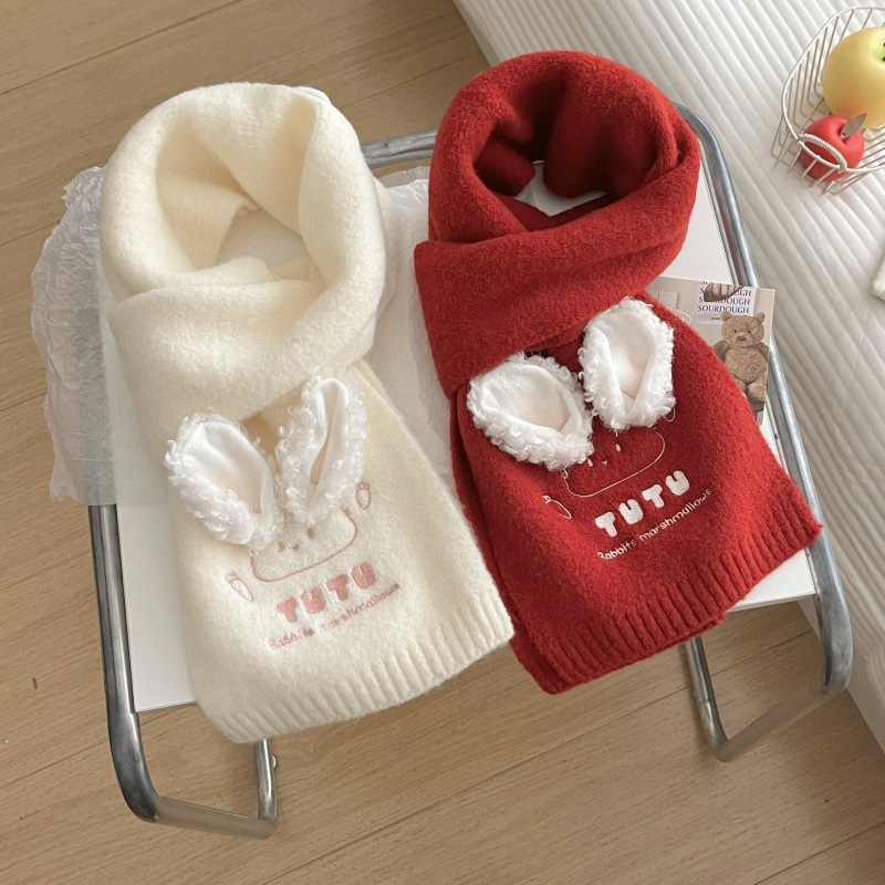 10個セット かわいいウサギ刺繍ニットマフラー羊毛を含む女子冬期学生のレトロ保温カップル