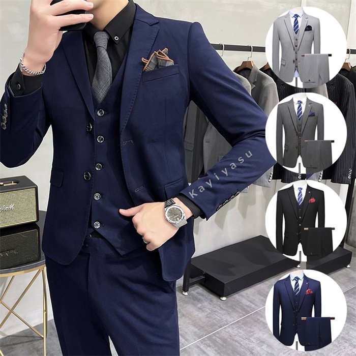スーツ 3ピーススーツ メンズ S-5XL シングルスーツ フォマール ビジネススーツ 洋服 テーラードジャケット スラックス ベスト スリム 長袖 パーティー 結婚式 成人式 無地 タキシード カジ