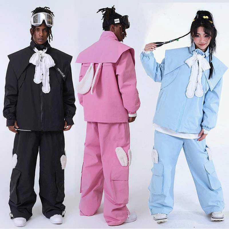 兎耳付き スノーボードウェア 上下セット セットアップ スノボジャケット アウター スノボパンツ ロングパンツ ボトムス ズボン レディース メンズ かわいい ウサギ耳 スノボウェア スキーウェア 男