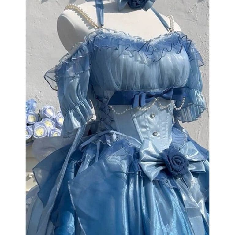 ブルードレスロリータドレスゴージャスフラワーウェディングドレスロリータ重工業パフテールプリンセススカートワンピースドレスドレス