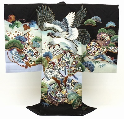 レンタル お宮参り 男の子 着物 レンタル 正絹の黒地に大鷲と兜 祝着 初着 お宮参り 産着 宮参り 衣装