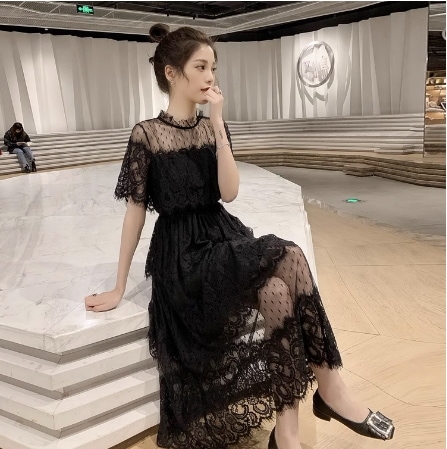 ワンピース ロング ロング丈 袖あり 半袖 スタンドカラー フリルスタンドカラー Aライン レース 刺繍 快適 着心地 かわいい おしゃれ お洒落 レトロ 大人女子 こなれ感 ラブリー キュート