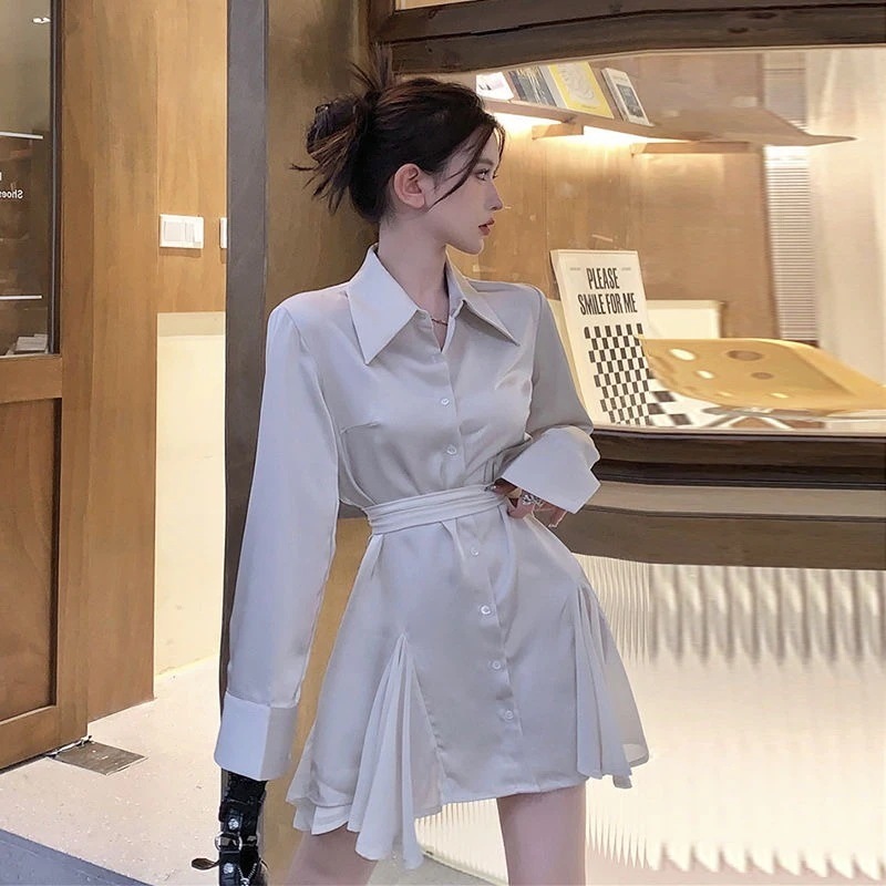 ワンピース春アメリカンファッションお姉さん気質バンド長袖シャツスカート女シャツワンピース