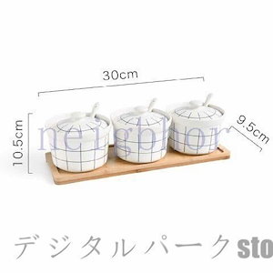 陶器調味料缶缶入れ砂糖入れスパイスラック調味料入れ木台3点セット塩匙付きドレッシングボトル保存容器蓋