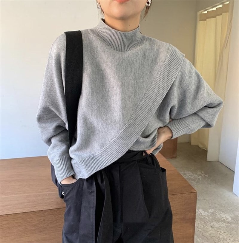 長袖ニットセーター 秋冬ショート丈ニット プルオーバートップス カジュアルニットセーター トップス ニットソー セーター プルオーバー ショート丈 袖あり 長袖 ボリューム袖 Uネック ハイネック