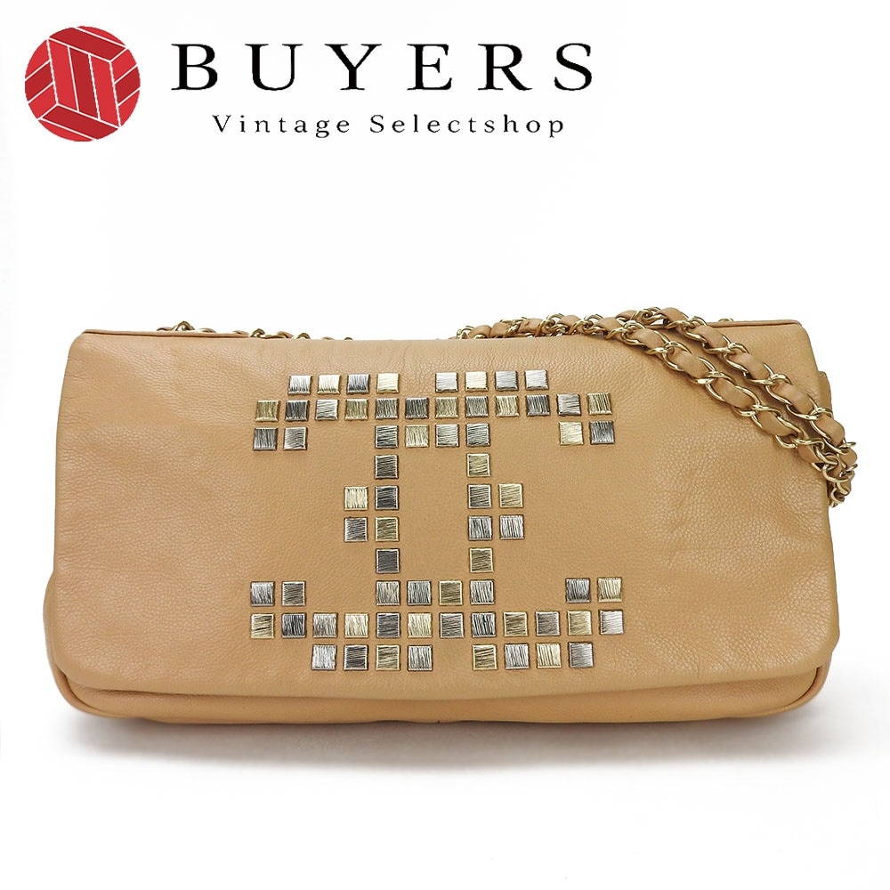 中古 シャネル チェーンショルダーバッグ ベージュ ココマーク スタッズ レザー 革 ゴールド金具 肩掛け CHANEL 12番台 女性 レディース Chain Shoulder Bag coco