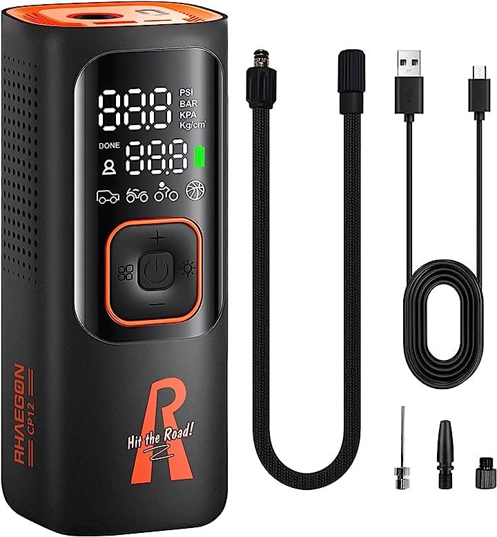 電動空気入れ 携帯ポンプ 車 自転車空気入れ 自動停止 USB充電式 仏式 米式バルブ対応 12Vコードレス デジタルタイヤ空気圧表示機能付き( ブラック, 16 x 6 x 6cm)