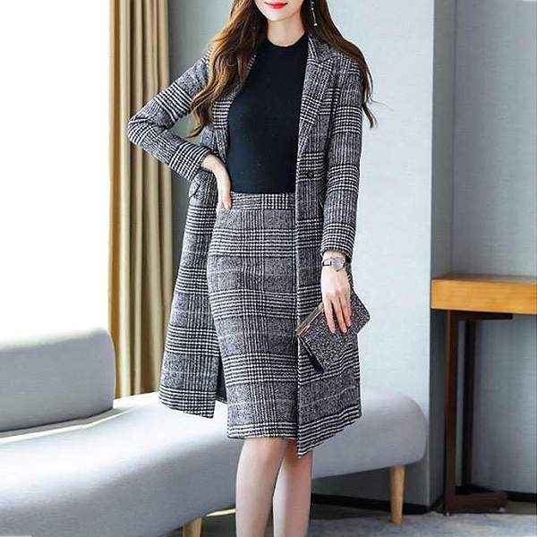 お一人様1点スカートスーツ　セットアップ　ビジネススーツ　ロングジャケット　ヘリンボーン大きいサイズ有り　S～2L 細く見える通勤通学20代30代40代50代60代