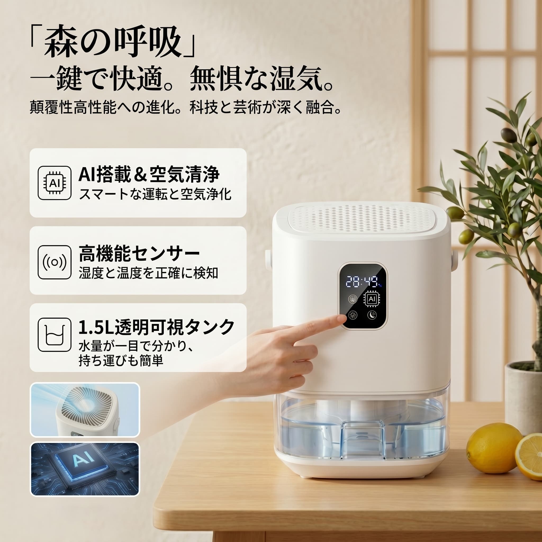 除湿機 小型 コンパクト AI自動恒湿 マイナスイオン搭載 衣類乾燥 静音 30dB低騒音 7色LEDライト 自動停止 省エネ 梅雨対策 カビ対策 結露対策 湿気対策 部屋干し対応 睡眠モード タッチ