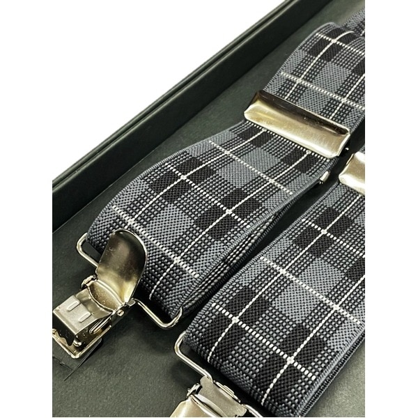 トラッド 日本製サスペンダー Y型 35mm ゴム＆メタル グレー＆ブラックxチェック ケース入り