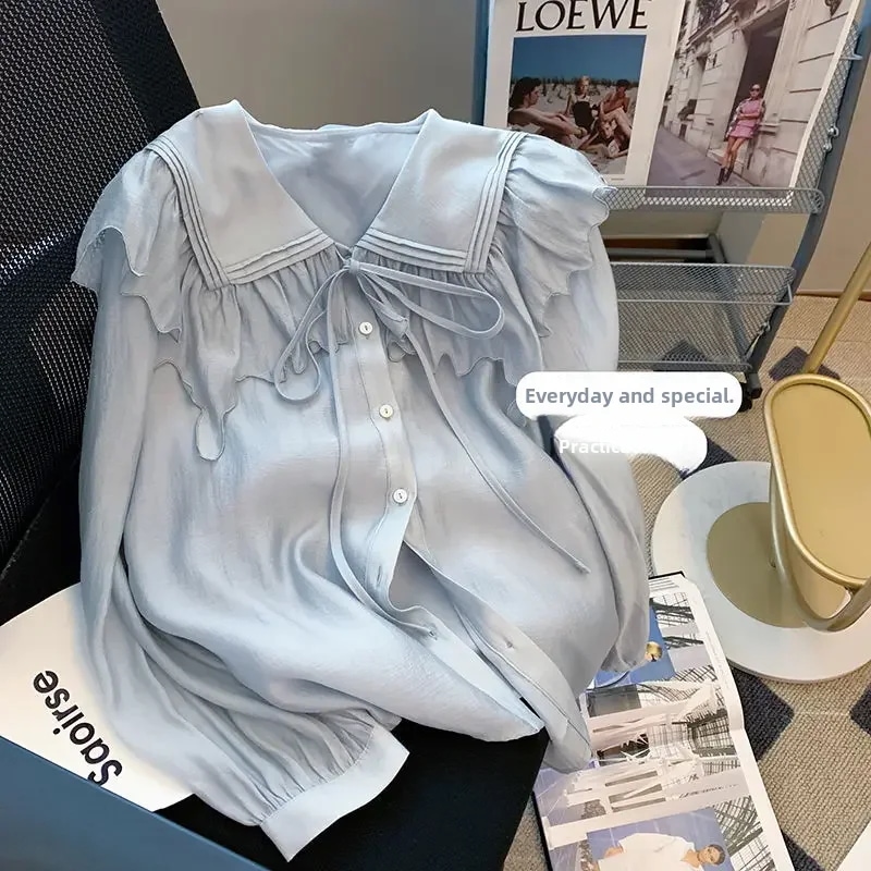 女性用のふくらんでいる襟付きブラウス,春のシャツ,実用的,フレンチ,プレッピー,多用途,人形の襟,甘い,トップス,新しいスタイル,2021 - 200000345