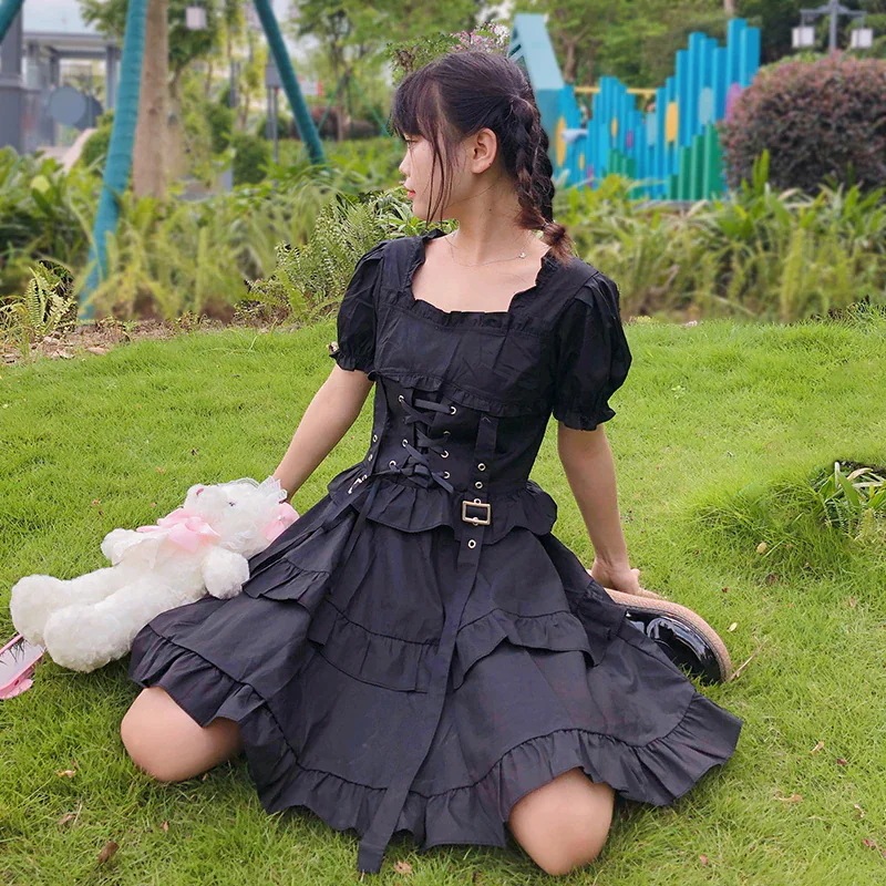 ウエストレースアップワンピース ワンピース フレアワンピース ワンピドレス ミニ ミニ丈 ショート ショート丈 袖あり 半袖 パフスリーブ スクエアネック フレア フリル リボン ベルト
