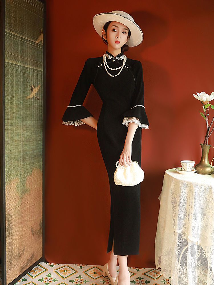 黒チャイナドレス 2025 改良レトロ漢服長袖気質ロングデイリー宴会ドレス 7,981円