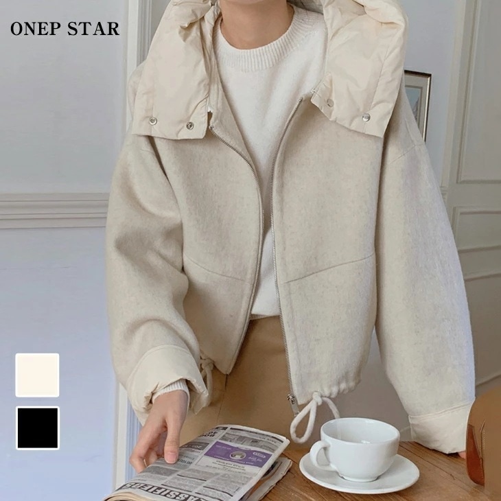 【挑戦最安値】フード付きショートジャケット レディース ブルゾン ショート丈 フード付き ジップアップ ドローストリング 大人カジュアル 秋 冬 20代 30代 40代 50代 ワンピスター