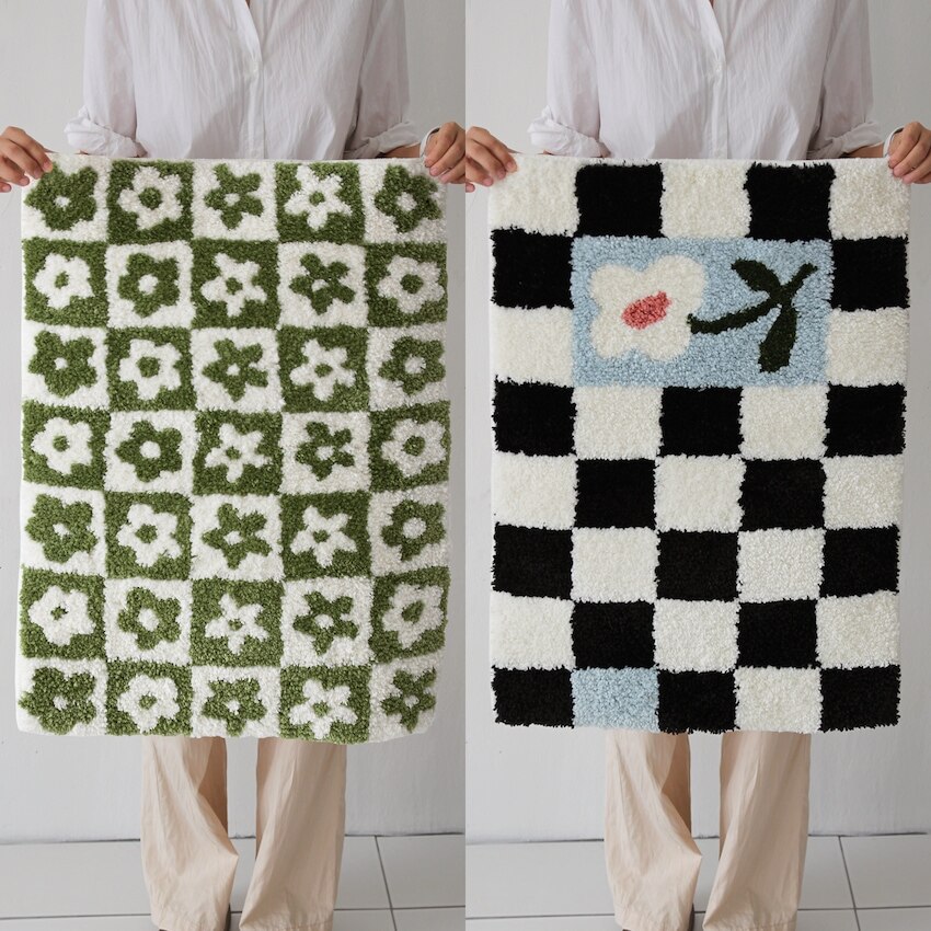 フラワーチェックプレミアムタフティングユニークミニラグバスルーム発売マット