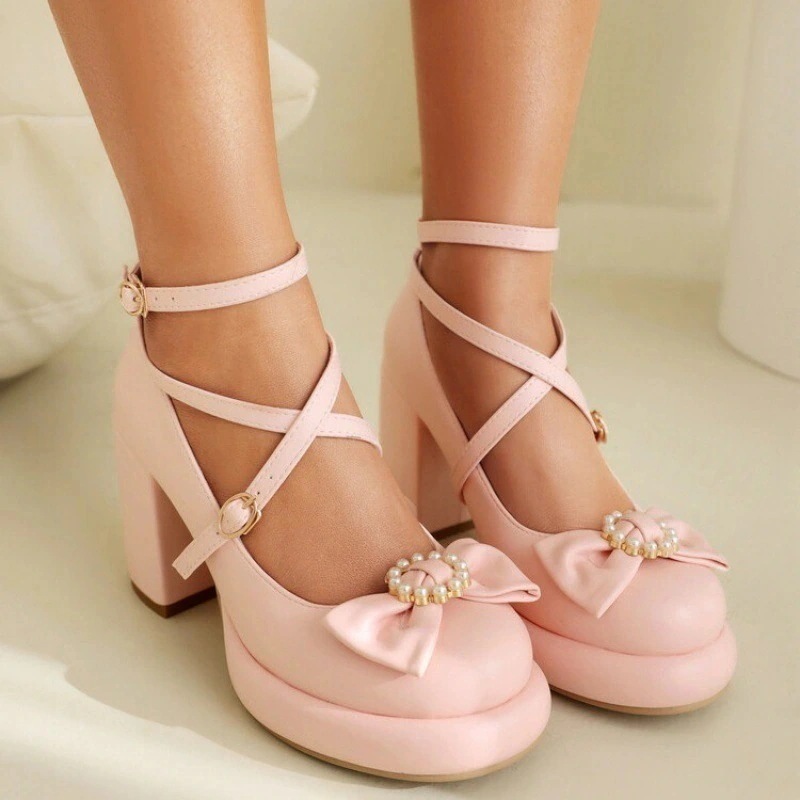 【急速発送】スウィートパールリボンクロスバンドメリー・ジェイ春ラウンドヘッド厚底浅口太ヒール