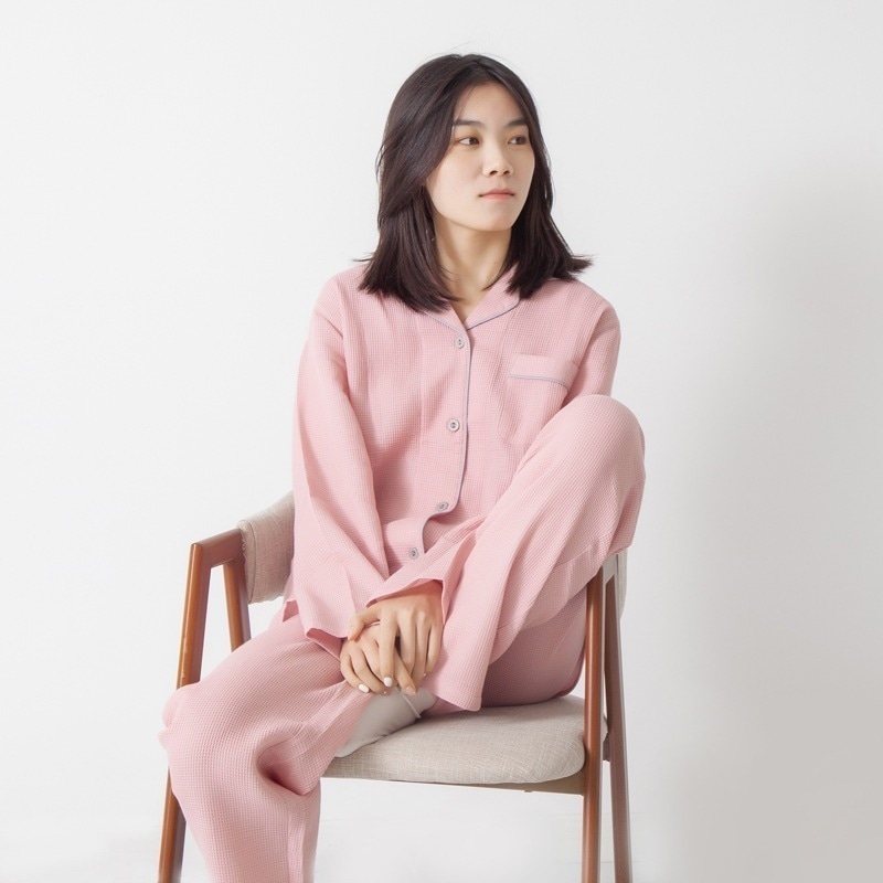 春と秋のワッフルパジャマ印刷されていない日本のレディースコットンカップルパジャマピュアコットンメンズ 母の日-0009718