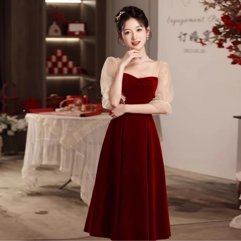 乾杯服花嫁カジュアル結婚式宴会感謝宴会退場宴会婚約ドレス女性レッドドレス
