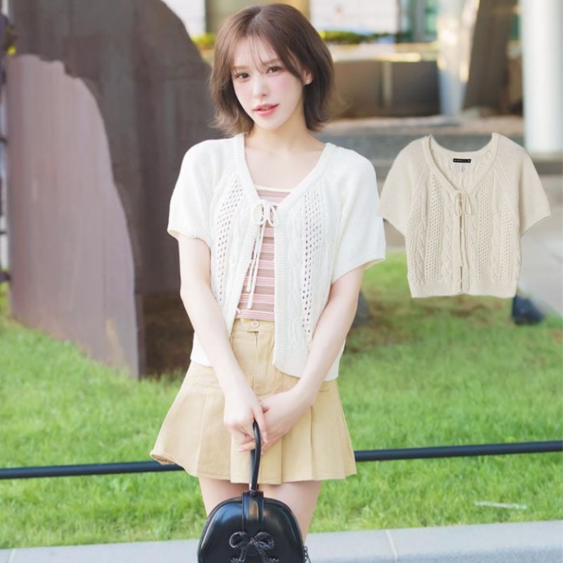 [REDVELVET WENDY 着用!] RIBBON BUTTON SHORT SLEEVE KNIT CARDIGAN (2COLORS)