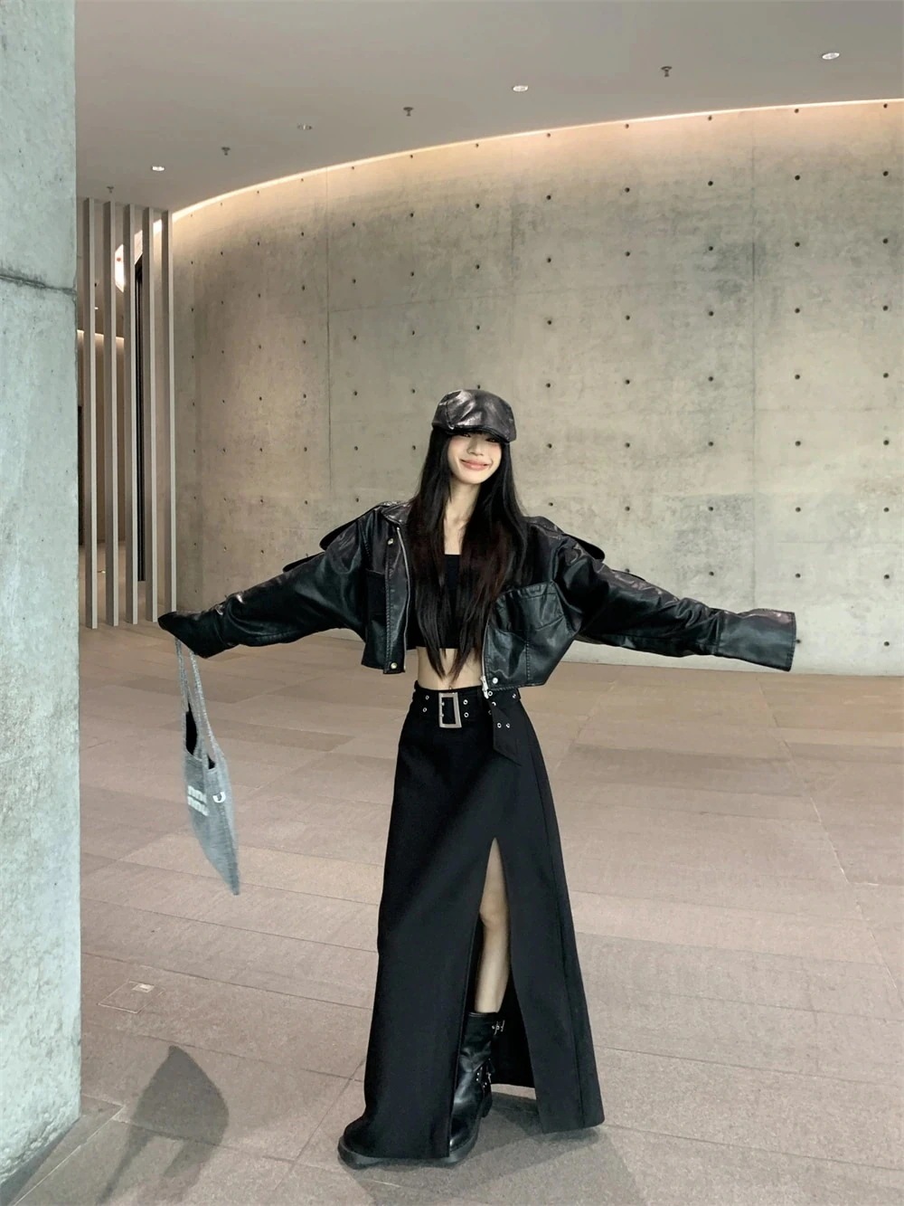 2025 セットアップ 上下セット レザージャケット スリットスカート アウター ロングスカート 長袖 レトロ 韓国ファッション レディース