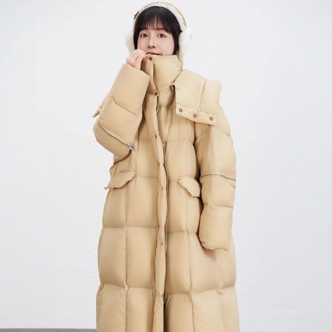 泡芙雲感連帽ダウンジャケットさん2025冬の新型膝白鴨パイルコートにロングタイプを加える 母の日-0000470