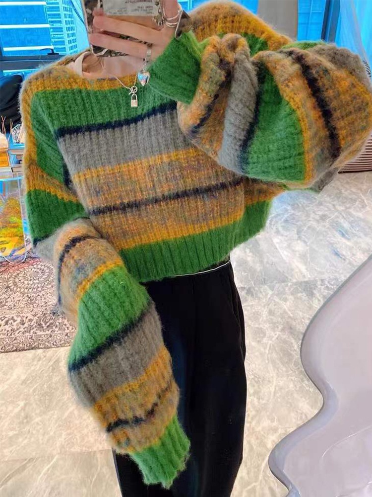 レディース トップス ニット セーター 長袖 ラウンドネック かわいい 大人可愛い きれいめ シンプル カジュアル おしゃれ レトロ アジアン エスニック ラフ ガーリー エレガント 無地 ボーダー