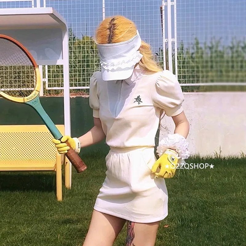 おしゃれ かわいい テニスウェア 女性 スポーツウェア シンプル カジュアル 半袖 ワンピース 白 韓国風 レディース 上下セット 25 ゴルフウェア