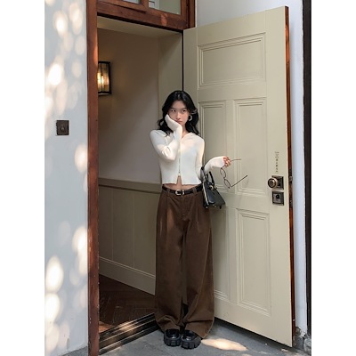 MULVANハイウエストコーデュロイワイドパンツ秋冬ゆったりモップカジュアルなダラリ感ロングパンツ