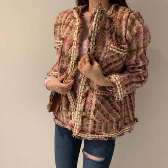 【取寄：納期2週間】ジャケット ツイード ノーカラー 大きいサイズ 秋 冬 コート カジュアル エレガント