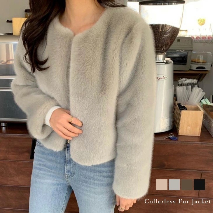 アウター エコファー ノーカラー ジャケット コート ショート丈 ファー 暖かい 保温 ふわふわ 秋冬 おすすめ レディース オシャレ トレンド 人気 プチプラ 韓国ファッション【letp406-71