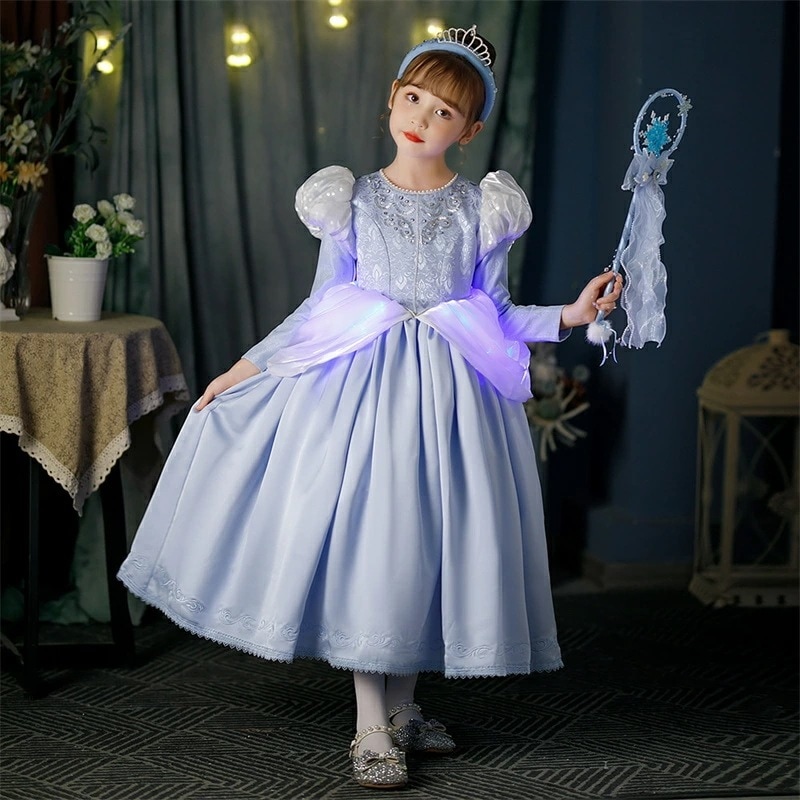 【92】超低.価.格!プリンセス ドレス ブルー 子供 キッズ ワンピース ロングドレス カチューシャ付き 仮装 お姫様 プリンセス コスプレ 子どもドレス キッズワンピース クリスマス なりきりワン