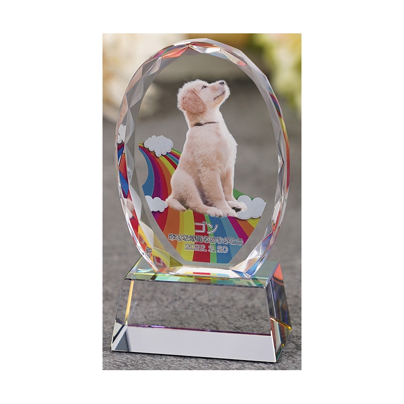 かわいい ペットメモリアル クリスタル オーバル形（大）kp-32u フォトスタンド 写真 名入れ ウェルカム記念 メモリアルグッズ オーダーメイド 誕生日 記念日 思い出 犬 猫 うさぎ インコその他オーナーズグッズ