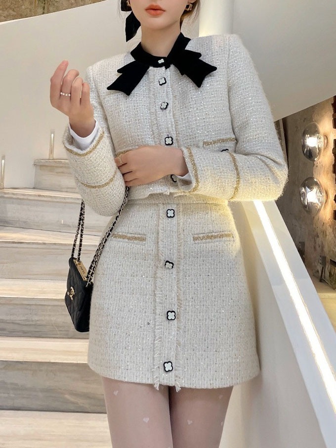 おばあちゃんの白小香風スーツ秋の新作高級感セレブ令嬢編みコートハーフスカート2枚
