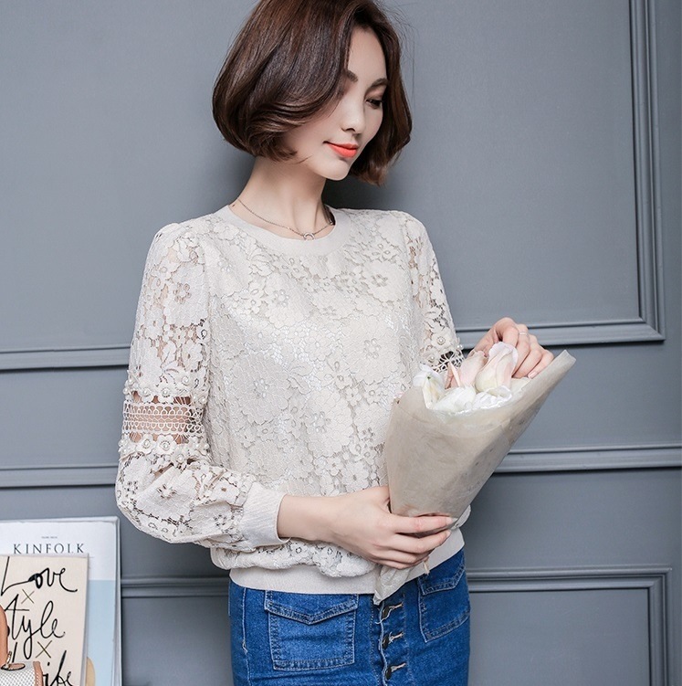 2323.花柄刺繍レーストップス(アプリコット) 2019 春夏 新作 大人 かわいい カジュアル OL 20代 30代 デート服 女子会 花柄 刺繍 レース 上品 きれいめ シンプル