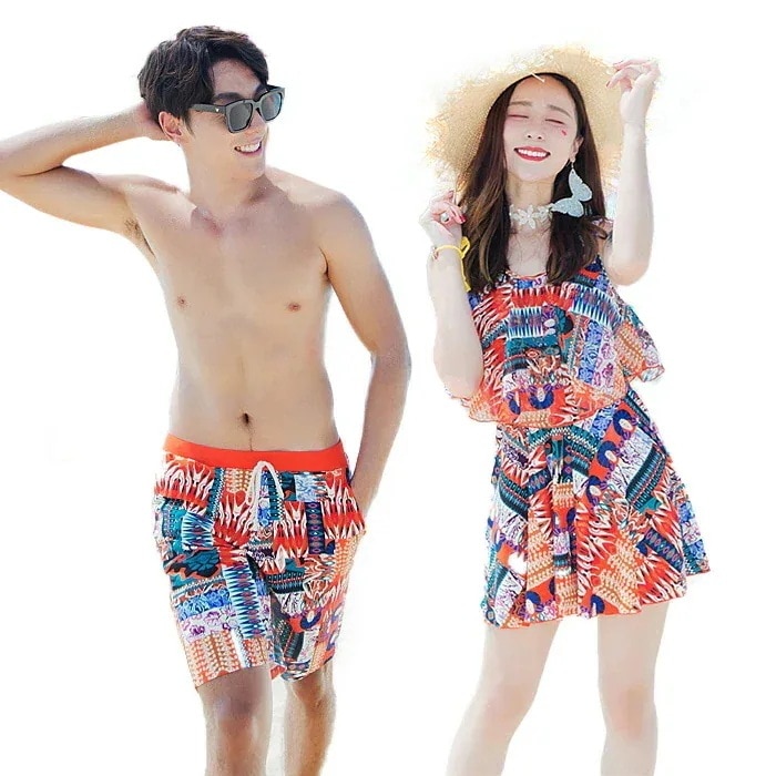 【7月の新作特典】ペアルック水着 レディース オールインワン　メンズ カップル水着 体型カバー水着 サーフパンツ 水着 ペア ワンピース 大きいサイズ ワイヤー タンキニ　リゾート ロンパース Vネッ