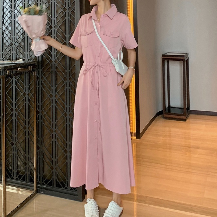 レディース ワンピース ポロカラーシャツワンピ 個性的 春服 夏服 ミモレ ロング 袖あり 半袖 襟付き セミフレア シフォン フリル インスタ映え モテ 流行 トレンド ウエストマーク 無