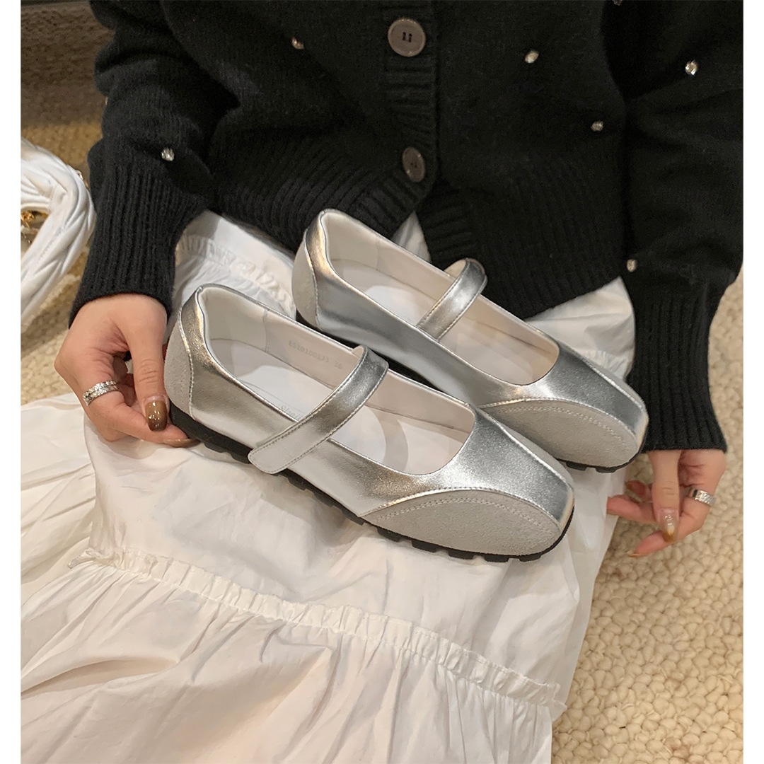 11 Cowhideバージョンsu Yinyin同じスタイルの遊び心のある韓国の女性の頭の長さのベルトフラットボトム機能メアリーzhenシングルシューズ女性バレエ靴 r n2