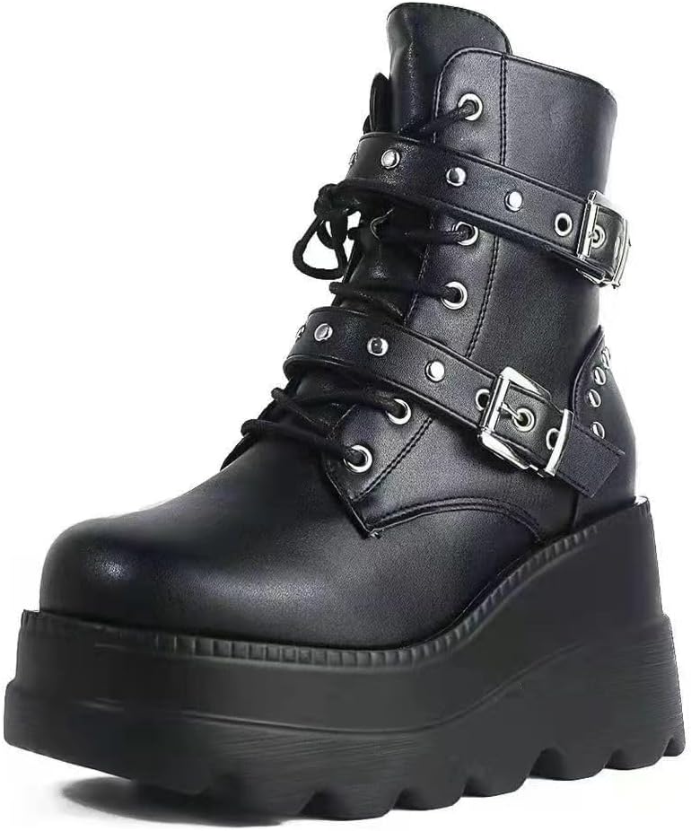 cnstone 厚底ブーツ ヒール9cm ショートブーツ レディース靴 バックル スパイクデコレーション レースアップフロント ジップ サイド ウェッジブーツ 歩きやすい ブラック ハロウィン コスプ
