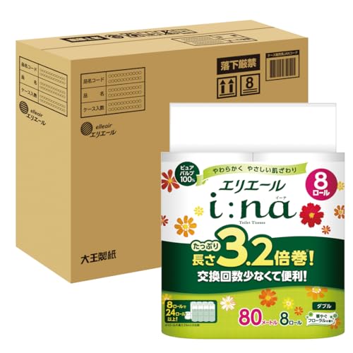 エリエール トイレットペーパー i:na(イーナ) 3.2倍巻き 80m32ロール (8ロール4パック) ダブル パルプ100% 華やかなフローラルの香り 【ハーフケース】
