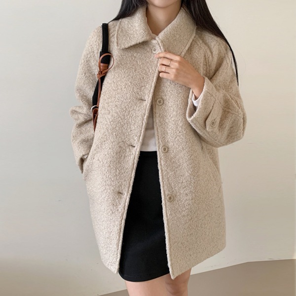 韓国ファッション シンプル ルーズフィット ブクル カラーネック ウール ハーフ コート 10,565円