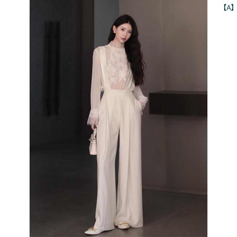 ズボン レディース カジュアル おしゃれ ファッション パンツ サスペンダー 白 ハイウエスト ワイドレッグ スリム ストレート レッグ 初秋