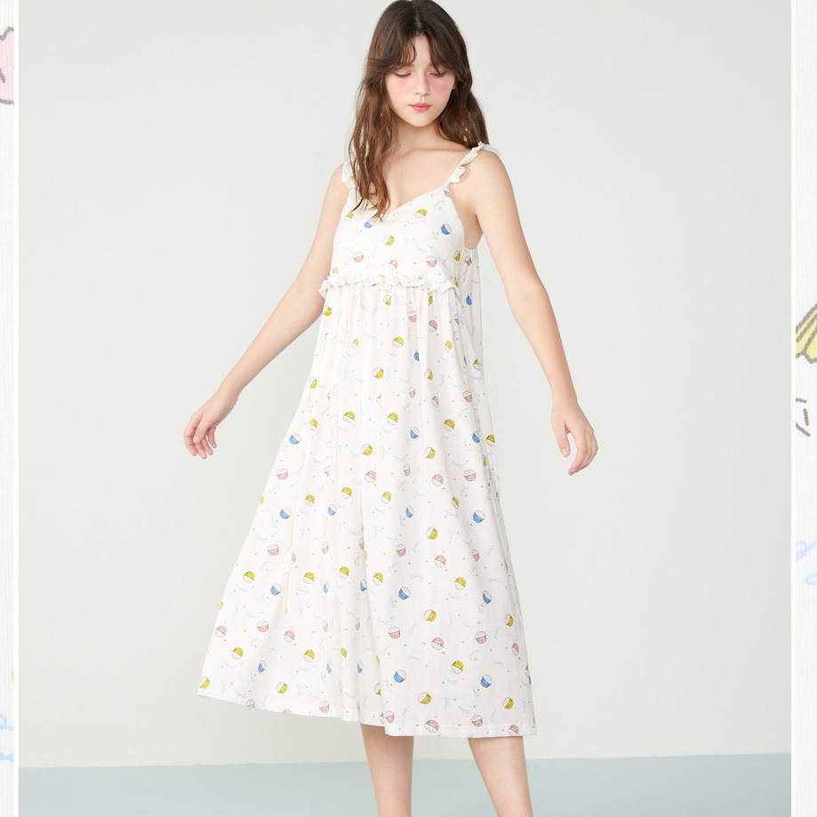 カップケーキ柄 フリルストラップ ロング丈キャミソール ルームウェア