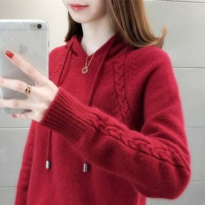 トップス レディース ニット セーター フード付き 個性的 長袖 無地 赤 黒 青 グレー 白 ピンク S M L XL 2XL 3XL 大きめサイズ 秋 冬 カジュアル おしゃれ きれいめ ナチュラ